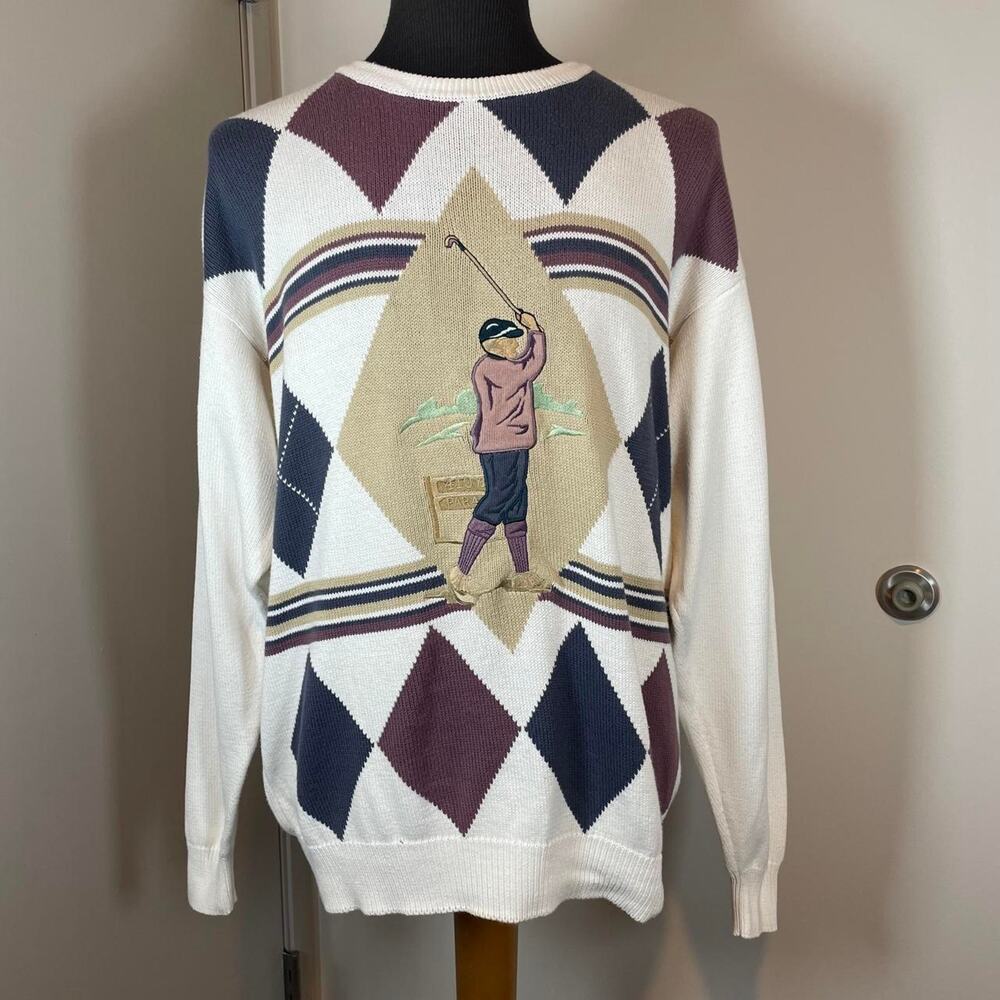 Vintage Argyle Golf Embroidered 100% Cotton Pringle XL Knit Sweater